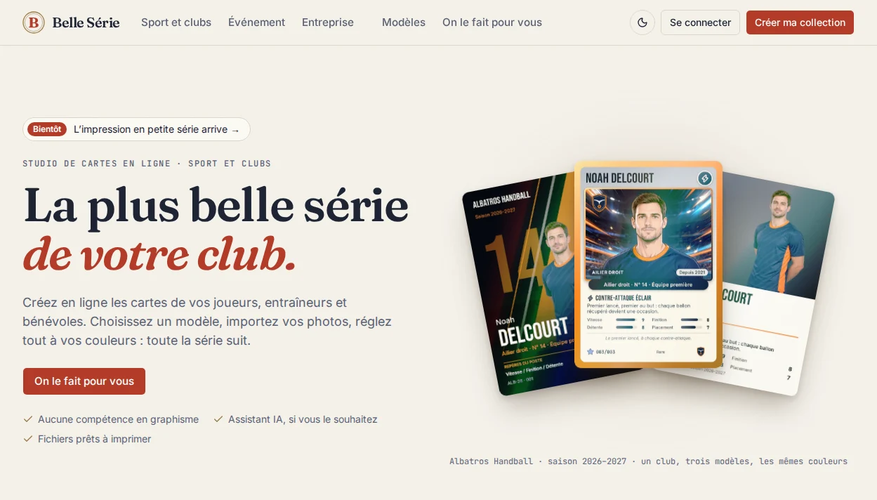 Page d’accueil de Belle Série avec des exemples fictifs de cartes d’un club de handball