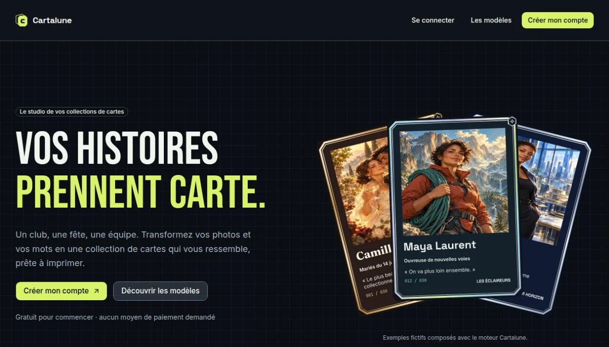 Page d’accueil de Cartalune avec des exemples fictifs de cartes de club, de mariage et d’équipe