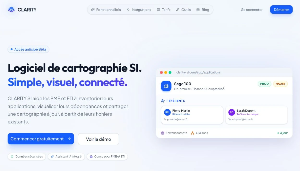 Page d’accueil de Clarity, logiciel de cartographie du système d’information