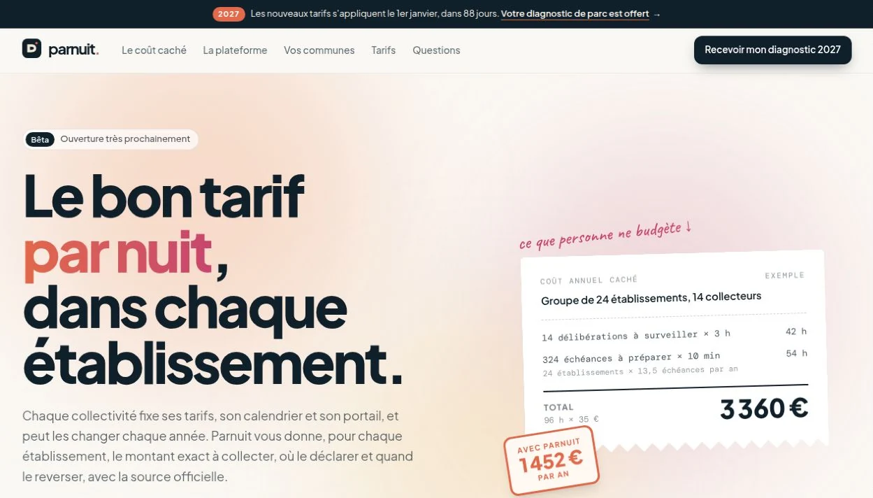 Page d’accueil de Parnuit, projet de suivi de la taxe de séjour pour les hébergements